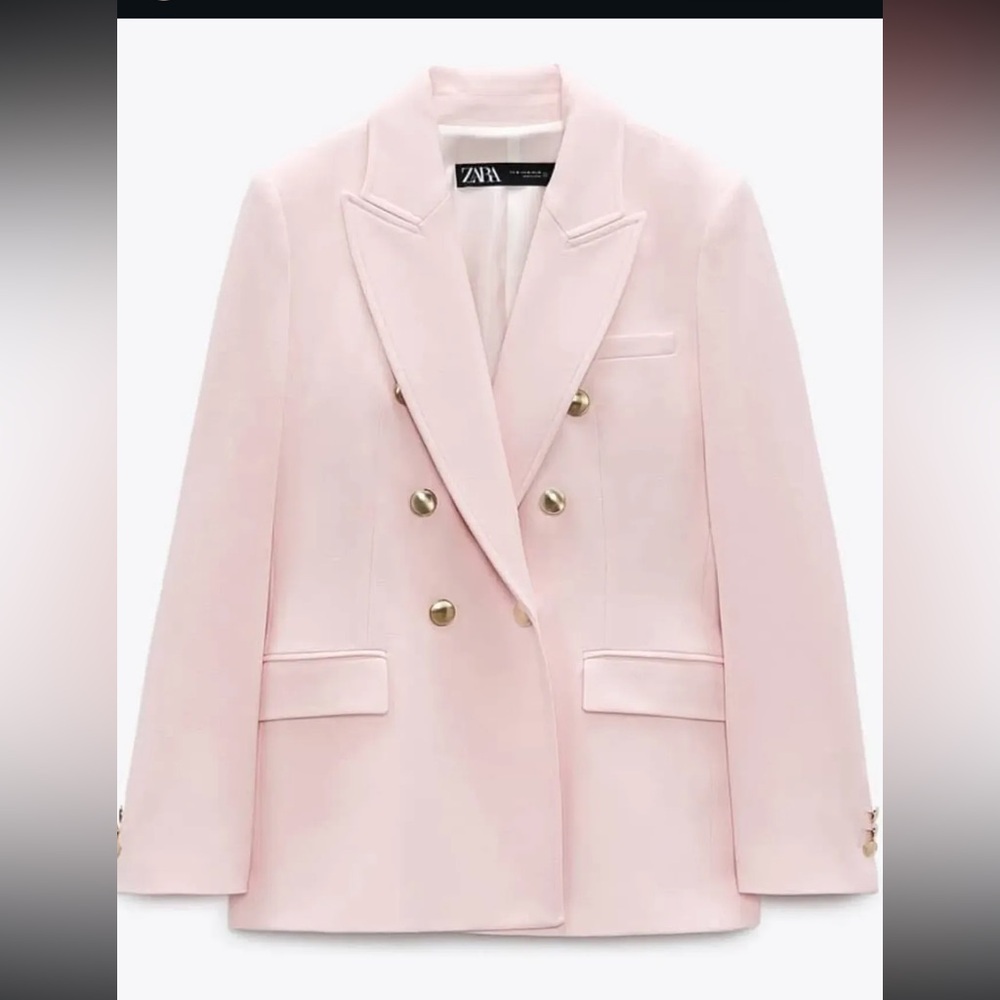 Zara Light Pink Double-Breasted Blazer Small Golden Buttons Tailored Chic - Picture 3 of 17
